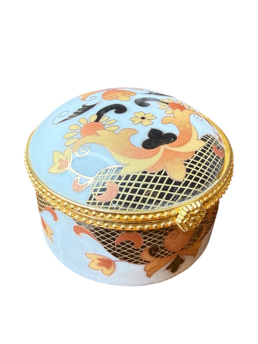 Vintage Round Floral Trinket Box Porcelain & Brass Hinged Vanity Jewelry